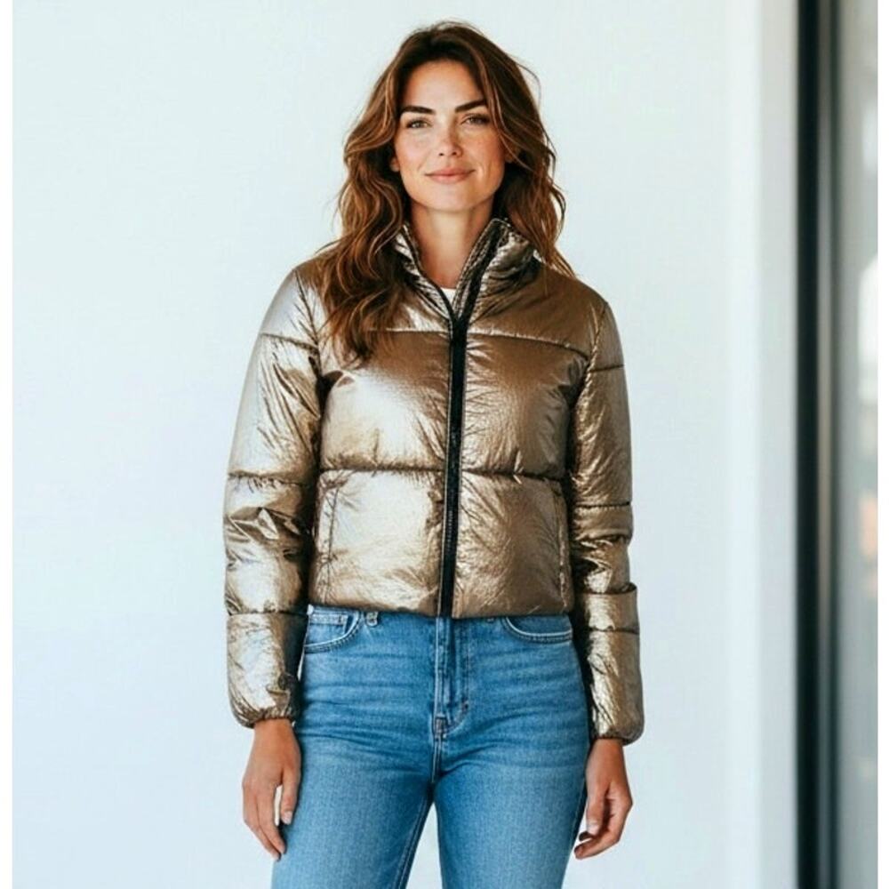 David Lerner Bella Metallic Crop Puffer Jacket Size M Front Zip Front Pockets